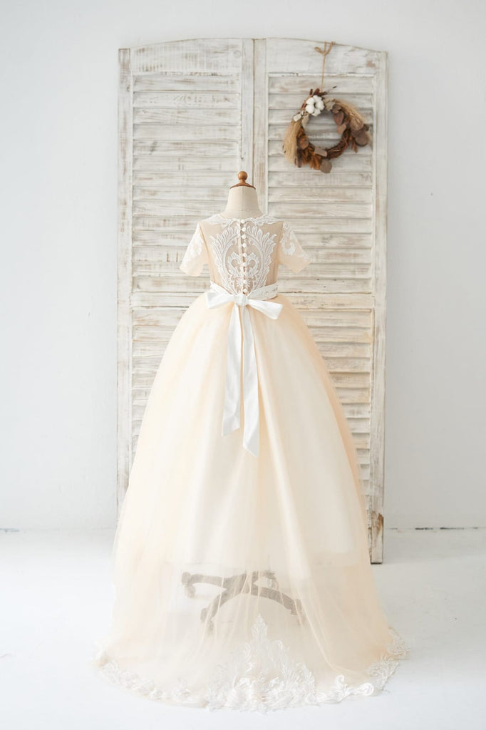 Vestido de festa de casamento princesa champanhe renda tule decote em -  Princessly