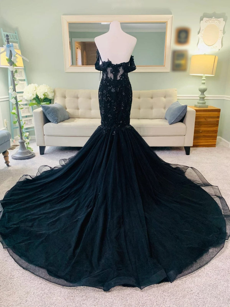 Off Shoulder Corset Black Lace Tulle Court Mermaid Wedding Dress ...