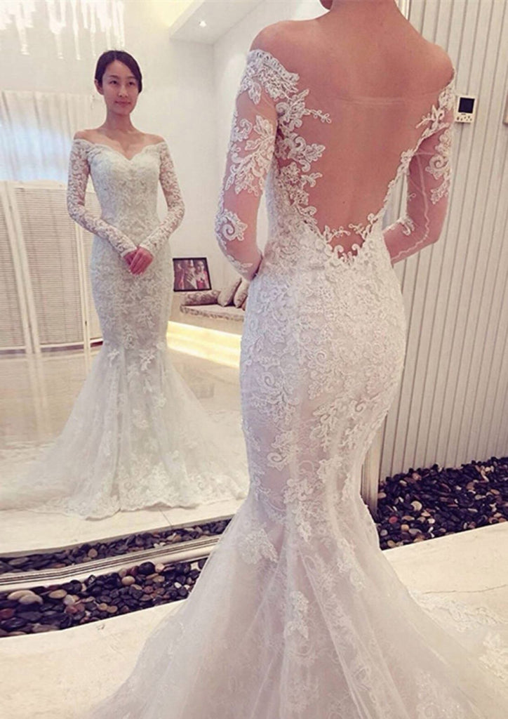 A Line Lace Wedding Dress Long Sleeve Wedding Dress Backless Wedding Dresses