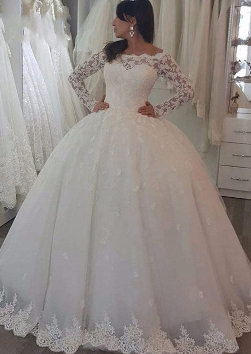 Off Shoulder Long Sleeve Sweep Lace Ball Gown Wedding Dress - Princessly