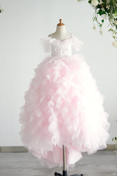 Glitter Pink Flower Girl Dress Ruffles Short Sleeves Scoop Neck Cute Baby  Girl Tutu Party Gown