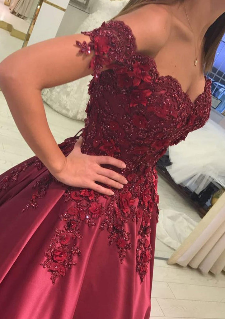 Off Shoulder Sweetheart Beaded Burgundy Satin Ball Gown Prom Dress -  Princessly