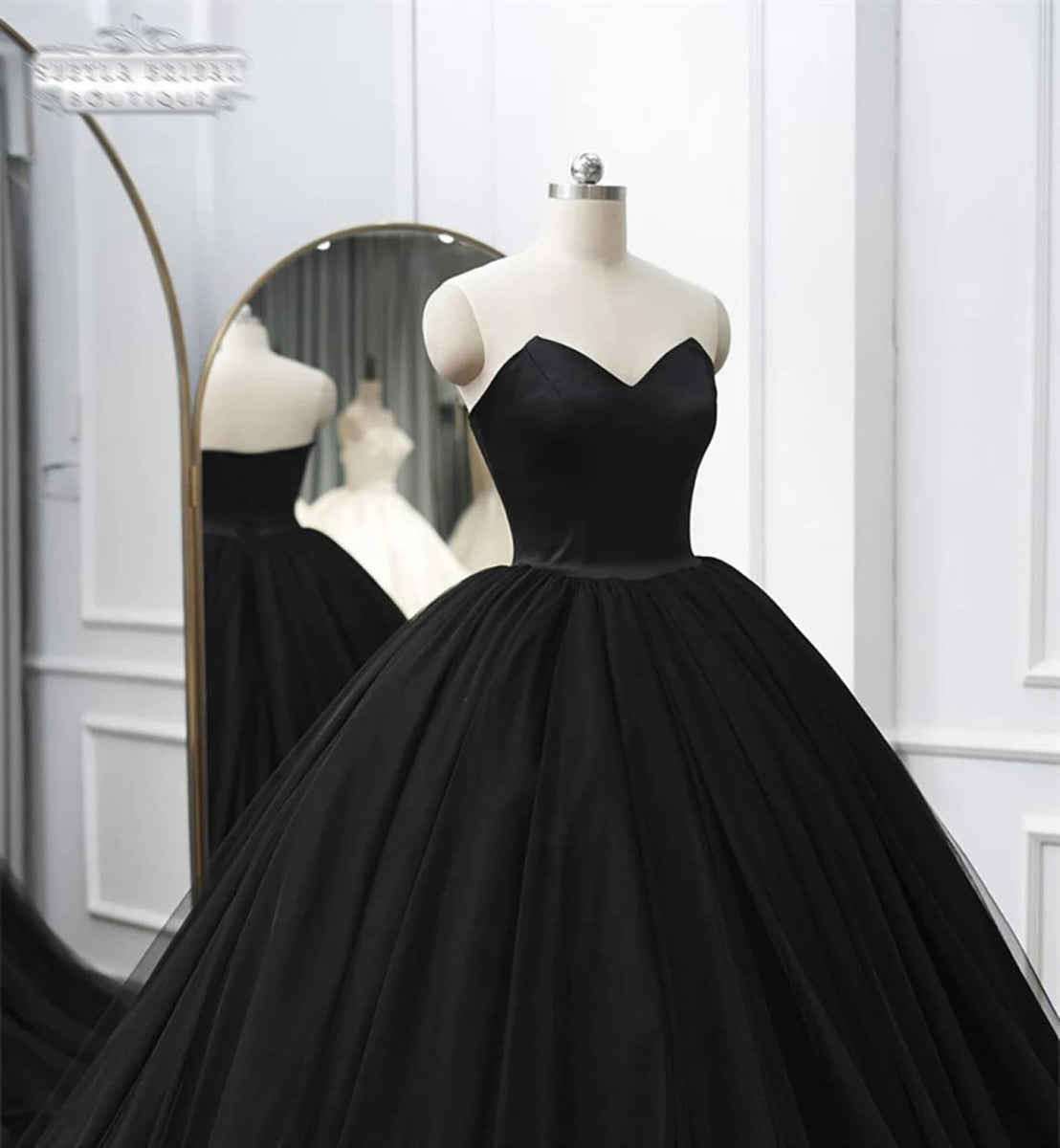 Strapless Sweetheart Black Satin Tulle Court Ball Gown Wedding Dress ...