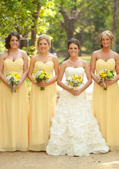 Yellow Chiffon Strapless V-cut Slit A-line Bridesmaid Evening Dress