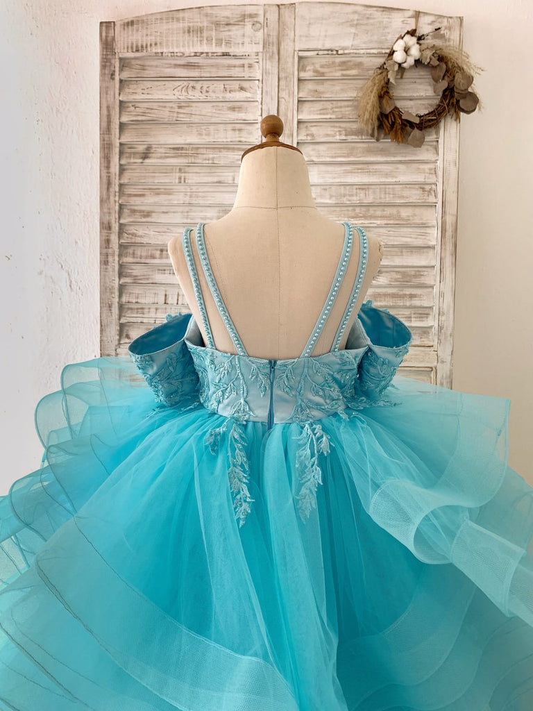 Aqua Blue Tulle Maternity Ruffle Gown for Photoshoot