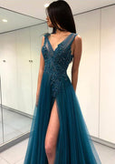 Tlle Prom Dress Ink Blue A-Line Sheer Bateau Sleeveless Floor-Length Beaded Split