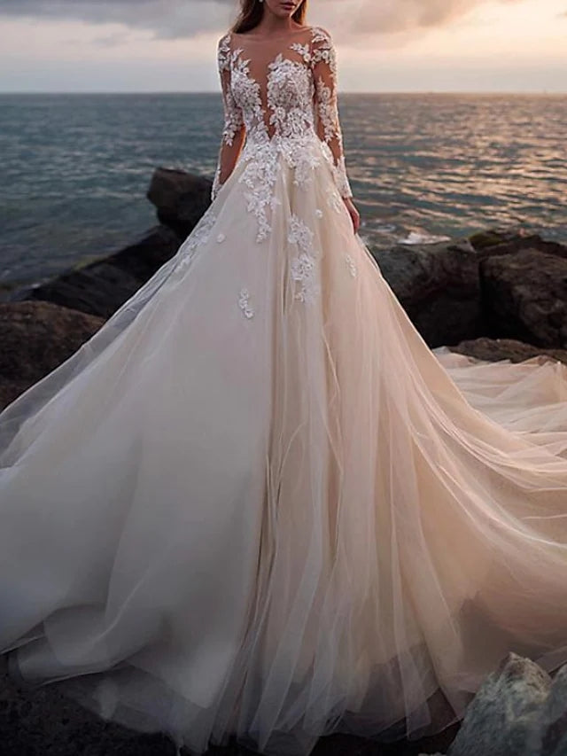 A-Line Wedding Dress Illusion Long Sleeve Chapel Bateau Floral Lace Br -  Princessly